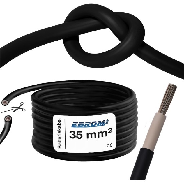 EBROM Flexibles Spezial Gummi Batteriekabel 35 mm² SCHWARZ 99,9% OFC Kupfer verzinnt, UV- und witterungsbeständig, NSGAFÖU