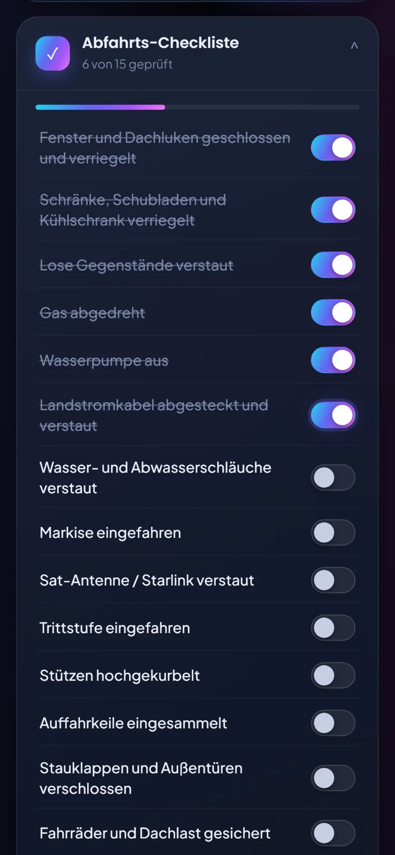 Geöffnete Abfahrts-Checkliste mit sechs von 15 Punkten abgehakt