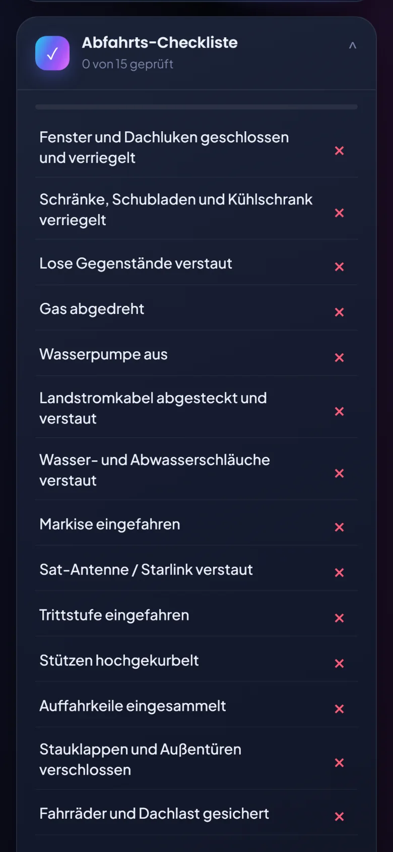 Abfahrts-Checkliste im Bearbeitungsmodus zum Löschen und Ergänzen von Punkten