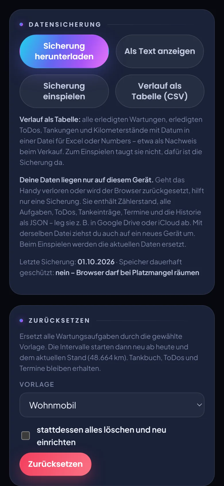 Reiter Daten mit den Knöpfen Sicherung herunterladen, Als Text anzeigen, Sicherung einspielen und Verlauf als Tabelle