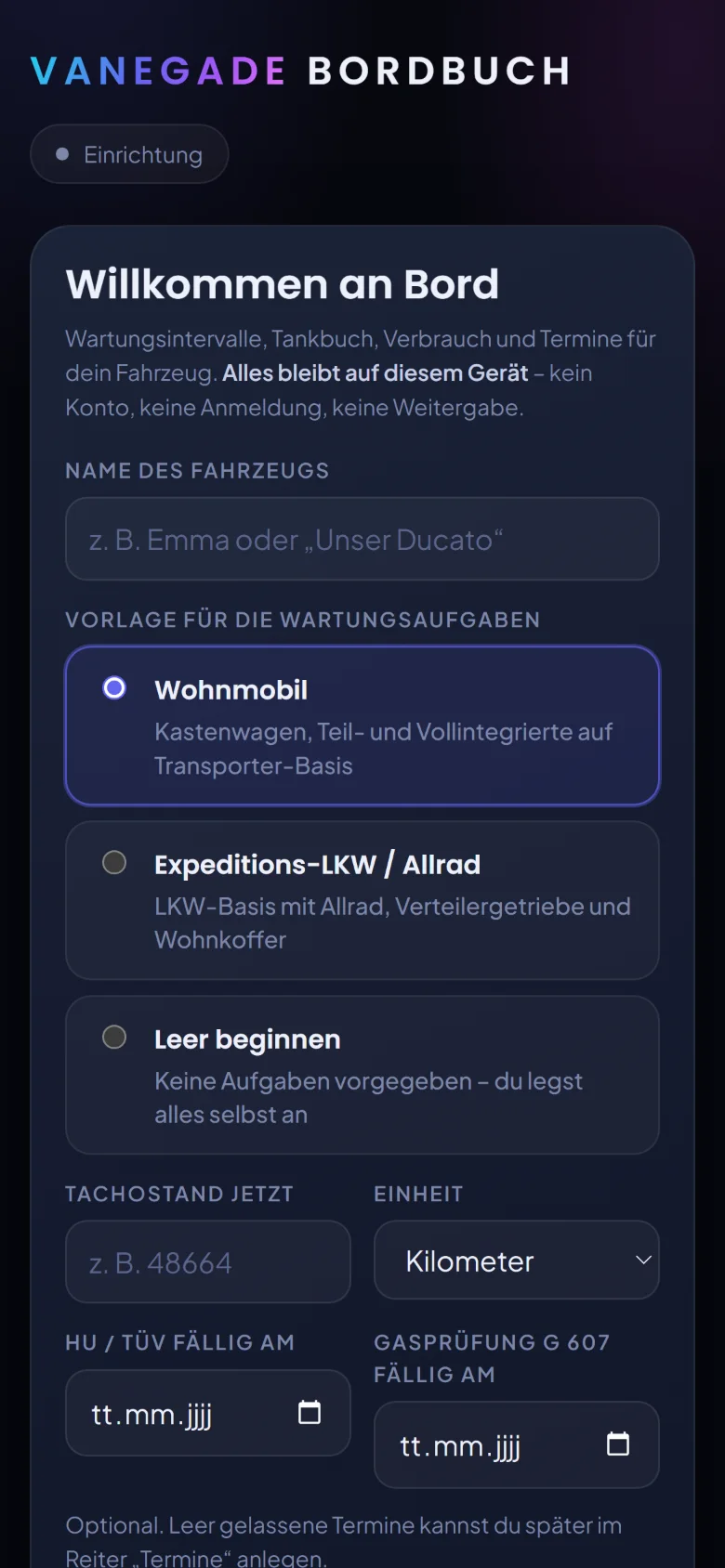 Einrichtung Willkommen an Bord mit Auswahl der Vorlagen Wohnmobil, Expeditions-LKW und Leer beginnen