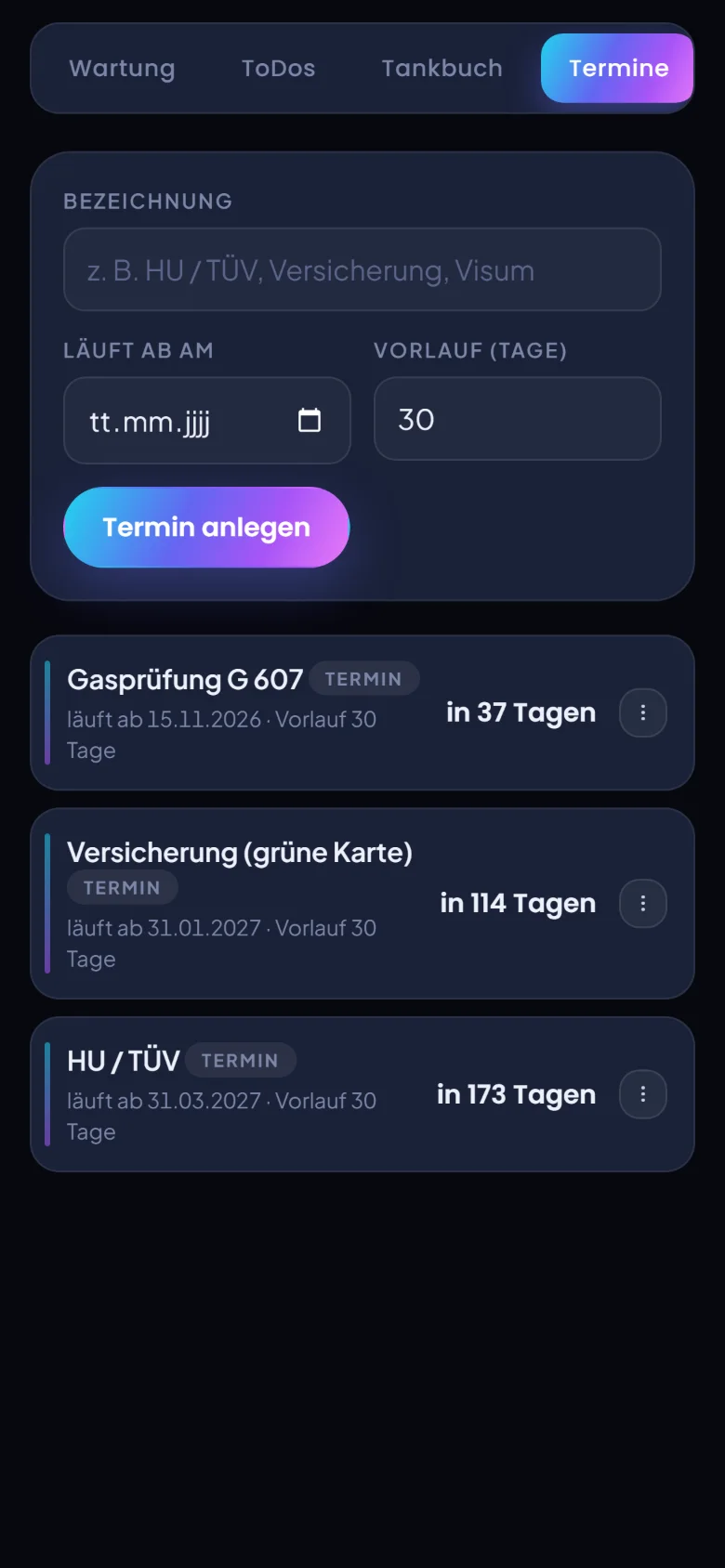 Reiter Termine mit Gasprüfung, Versicherung und HU samt verbleibenden Tagen