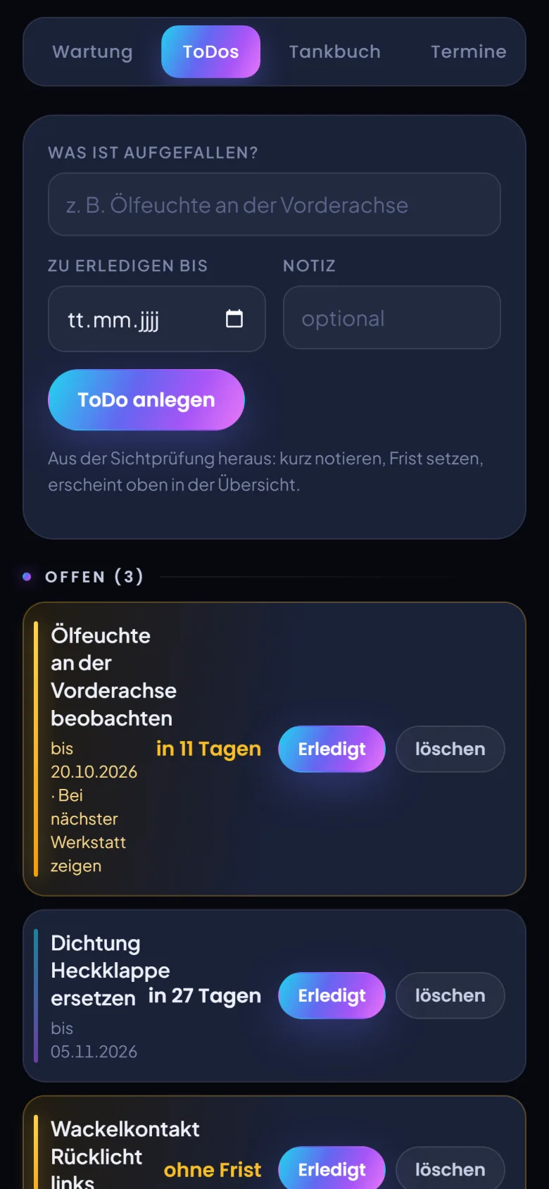 Reiter ToDos mit offenen Punkten und Fristen